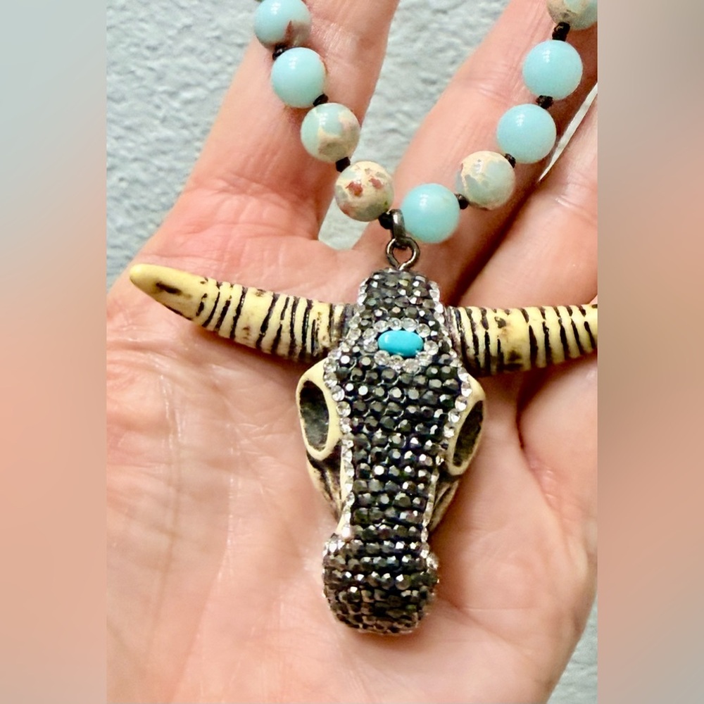 Artisan Beaded Necklace with Bull Pendant